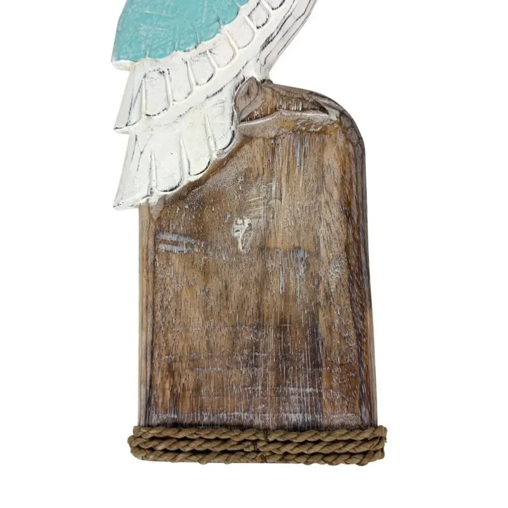 Hand Carved Wood Pelican Wall Plaque Aqua Coastal Rope Accent 24 Inch